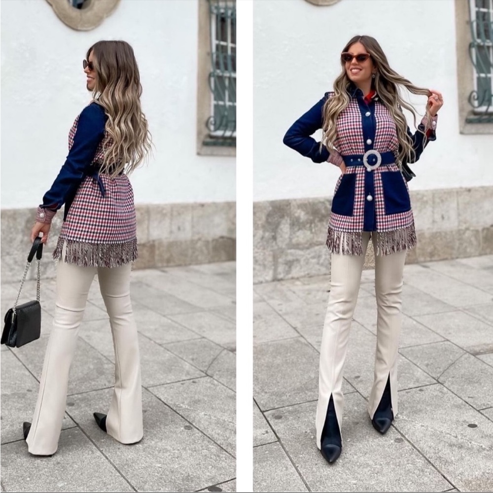 Uterque fringe jeweled belt contrast ghingam denim shacket